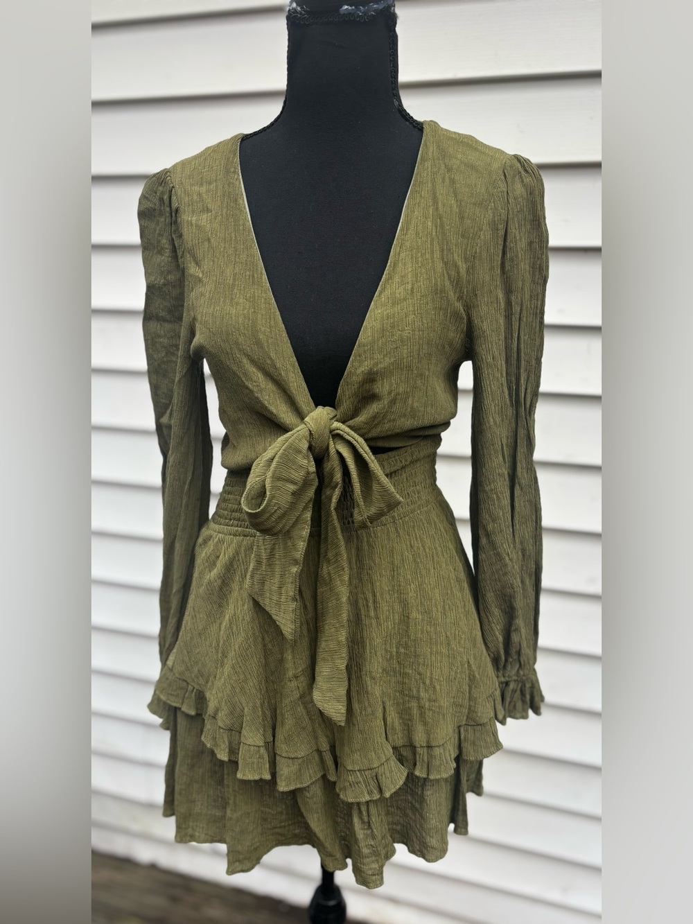 Saints + Secrets Olive Green Tie-Front Ruffle Dress Small